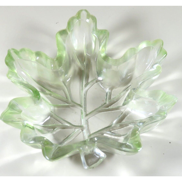 Glass Candy Dish Maple Leaf Green Transparent Heavy 5 x 6 inch Fall Leaves - Picture 2 of 8